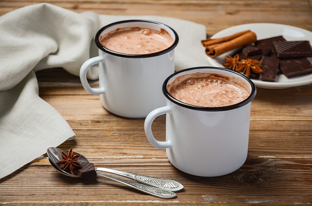 Hot chocolate on the rustic wooden table