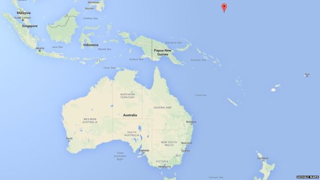 El punto rojo indica la ubicación de la isla Kosrae (al norte de las islas Solomon y al sur de Hawaii).