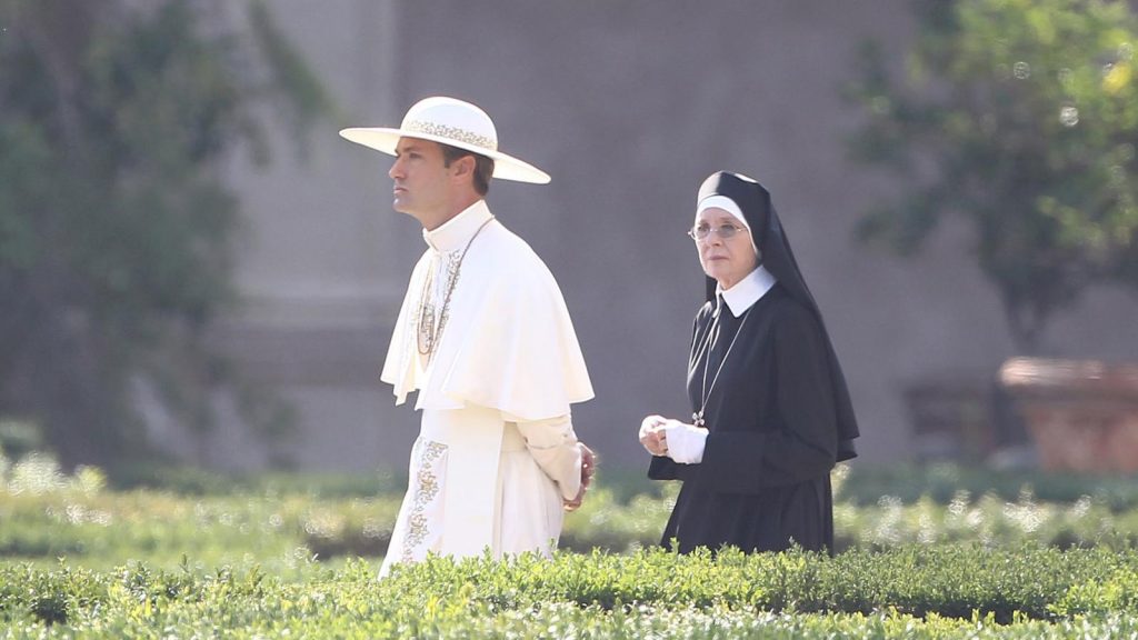 Diane Keaton and Jud Law on the set of the TV series The Young Pope at Villa Pamphili in Rome. Set II