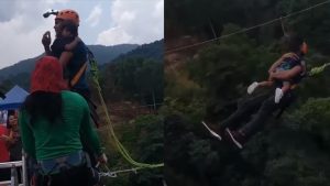 Padre hace bungee con su hija de dos años en brazos