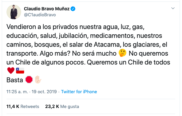 twitt Claudio Bravo sobre manifestaciones