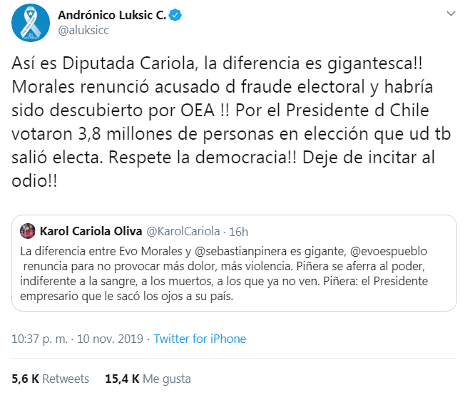 tuit de Luksic hacia Cariola 