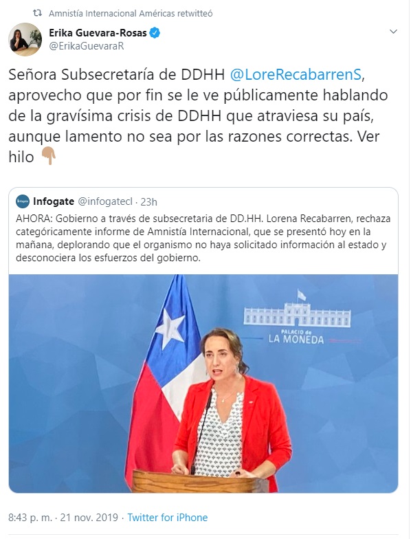 Blumel y otras autoridades del gobierno rechazaron el informe y Amnistía Internacional respondió