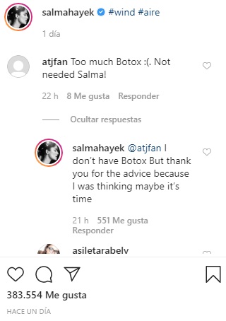 salma le respondió a usuario que la acuso de usar botox