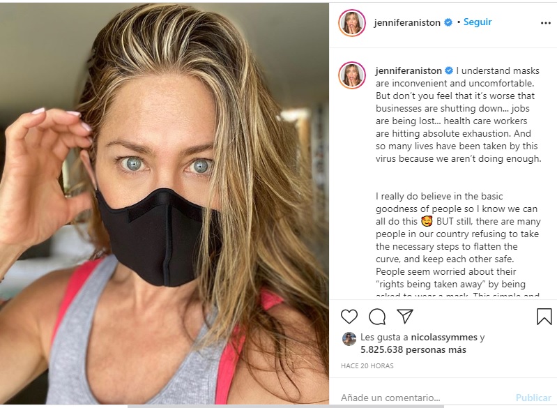 Jennifer Aniston y su llamado a usar mascarilla