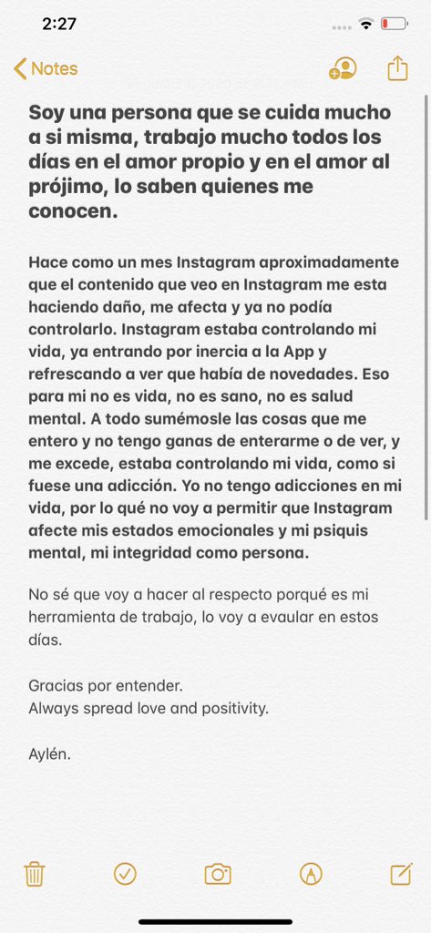 el mensaje de aylén por haber cerrado su Instagram 
