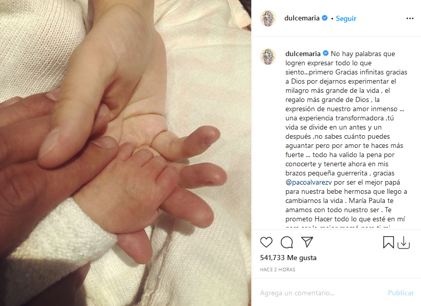 Dulce María nacimiento de su hija en instagram