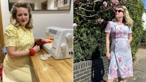 ¡Seca! Mujer crea vestidos de los cincuenta con manteles y cortinas