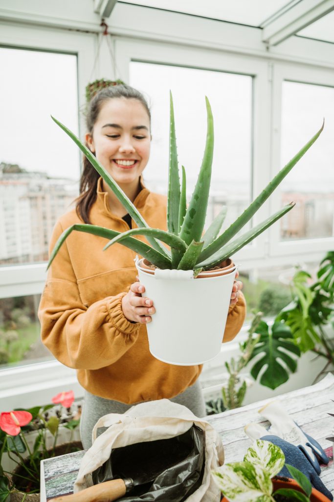 Beautiful HappyWoman Holding An Aloe Vera Plant