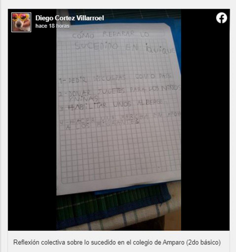 Publicación De Diego Cortez con texto viral de niña por lo ocurrido en Iquique