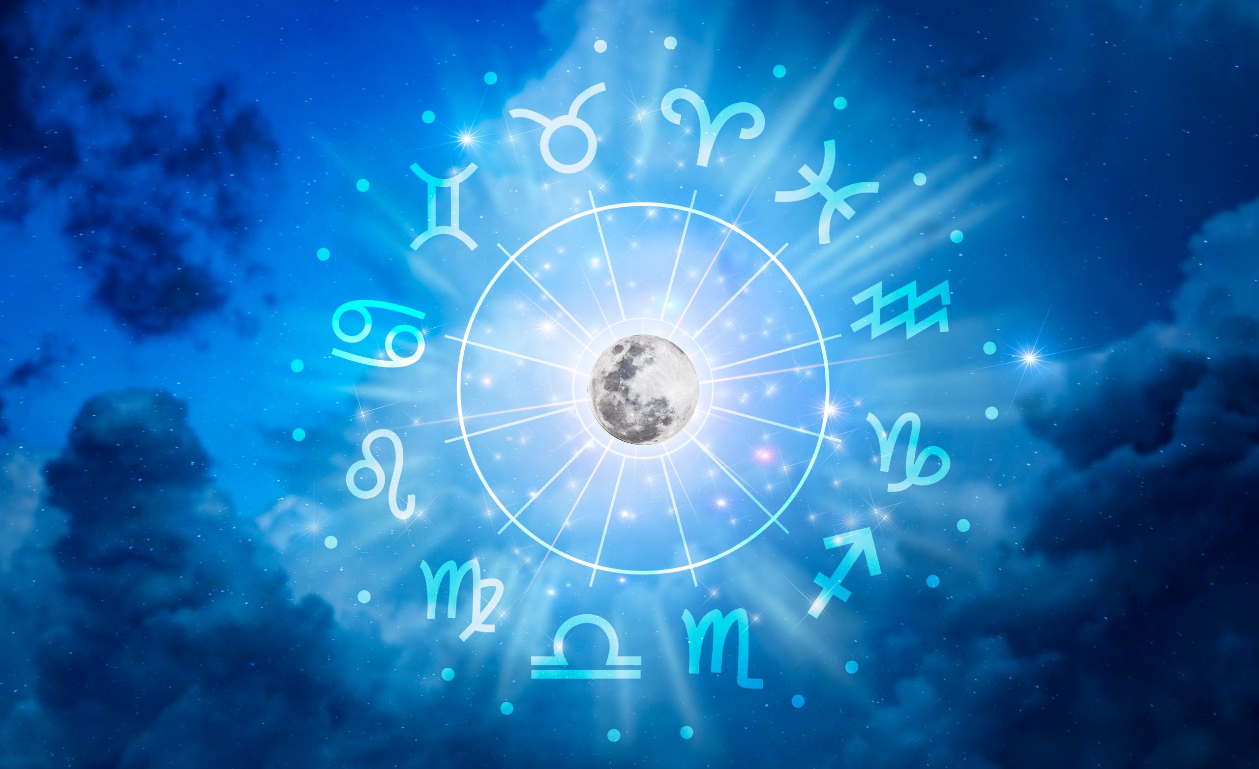 Zodiac Signs Inside Of Horoscope Circle. Astrology In The Sky With Many Stars And Moons Astrology And Horoscopes Concept