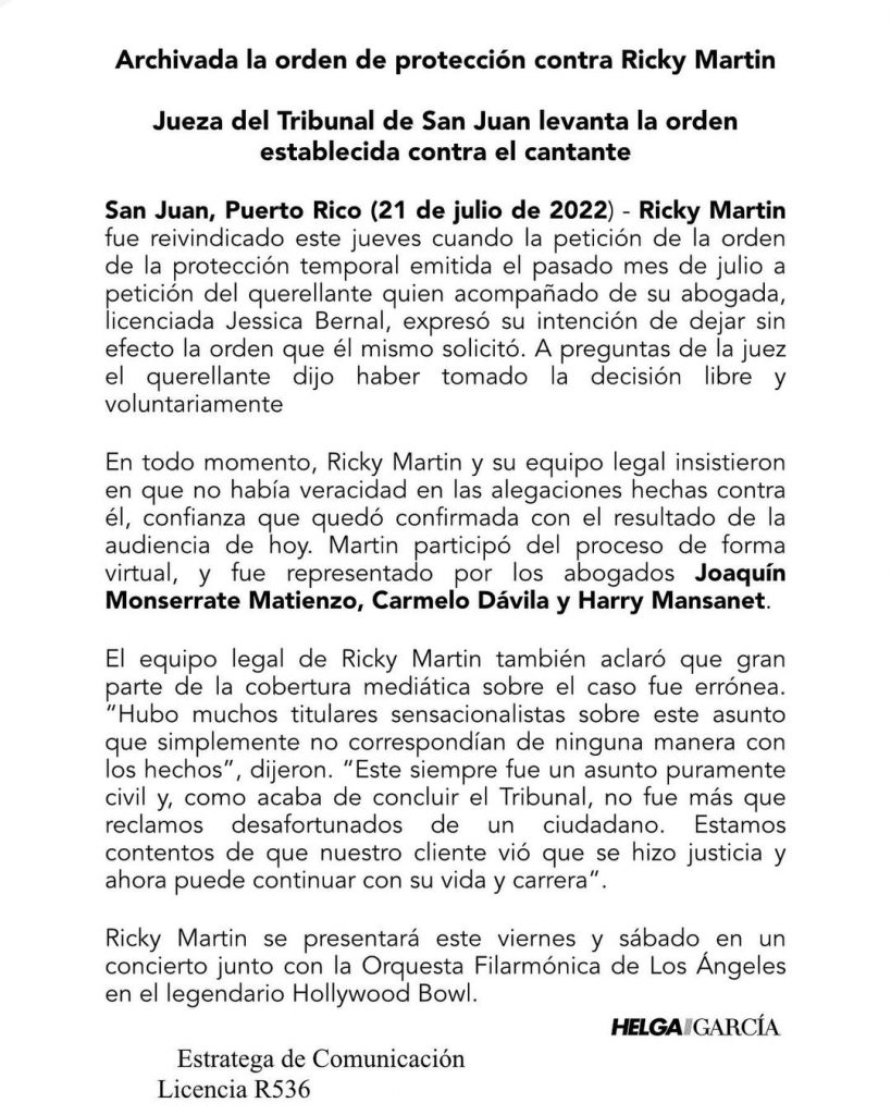 Comunicado de Ricky Martin