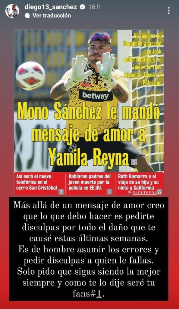 Mensaje de Diego Sánchez para Yamila Reyna