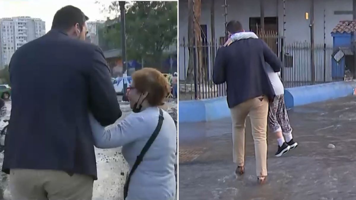 "Más personas como usted": Periodista saca aplausos tras ayudar a adulta mayor a cruzar una calle inundada