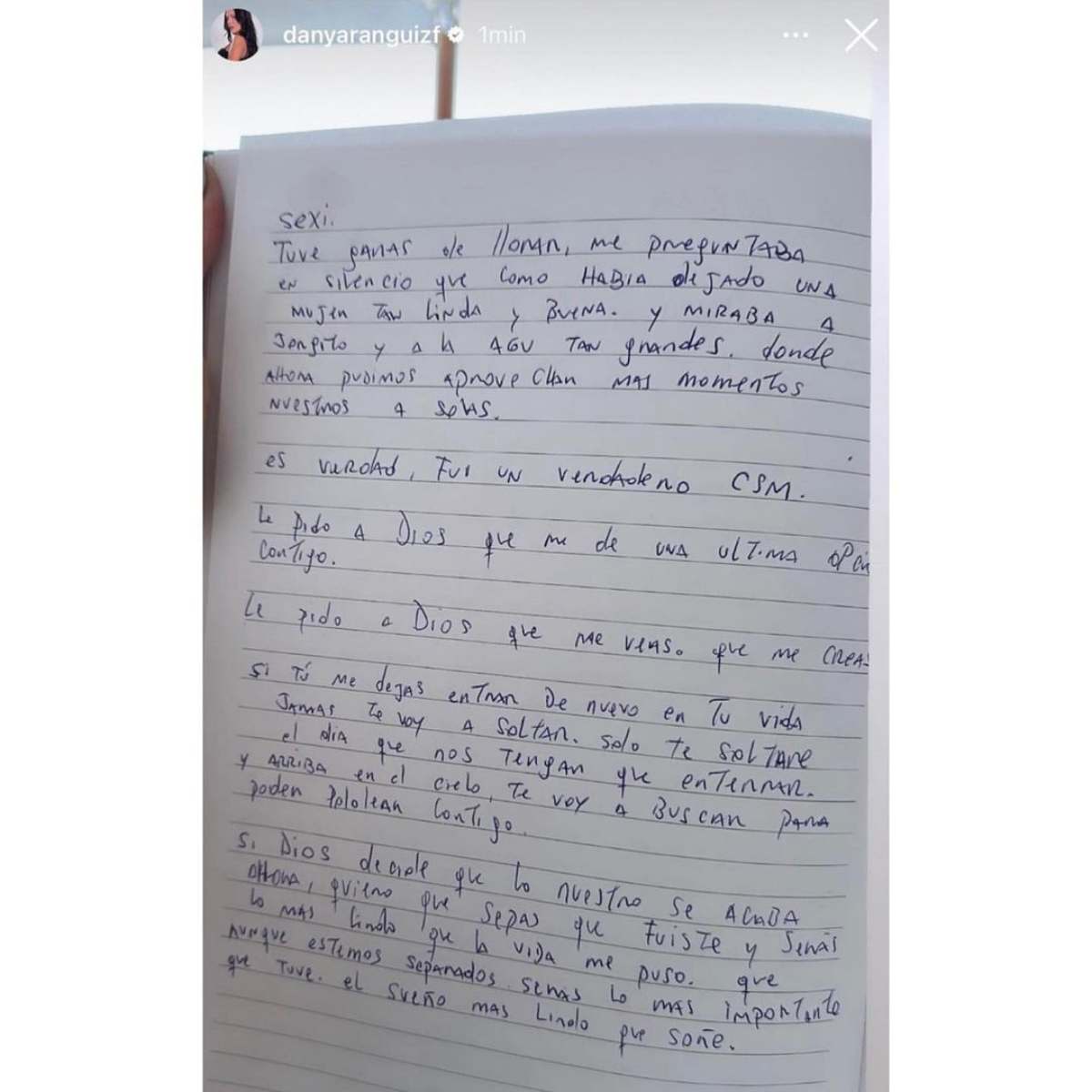 Carta que compartió Daniela Aránguiz.