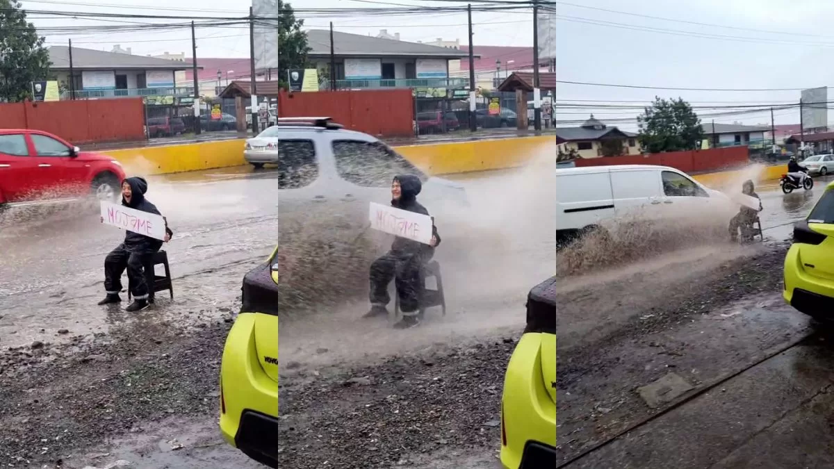 "Mójame": Niño conquista TikTok al pedir que los autos lo mojen con la lluvia de Santiago