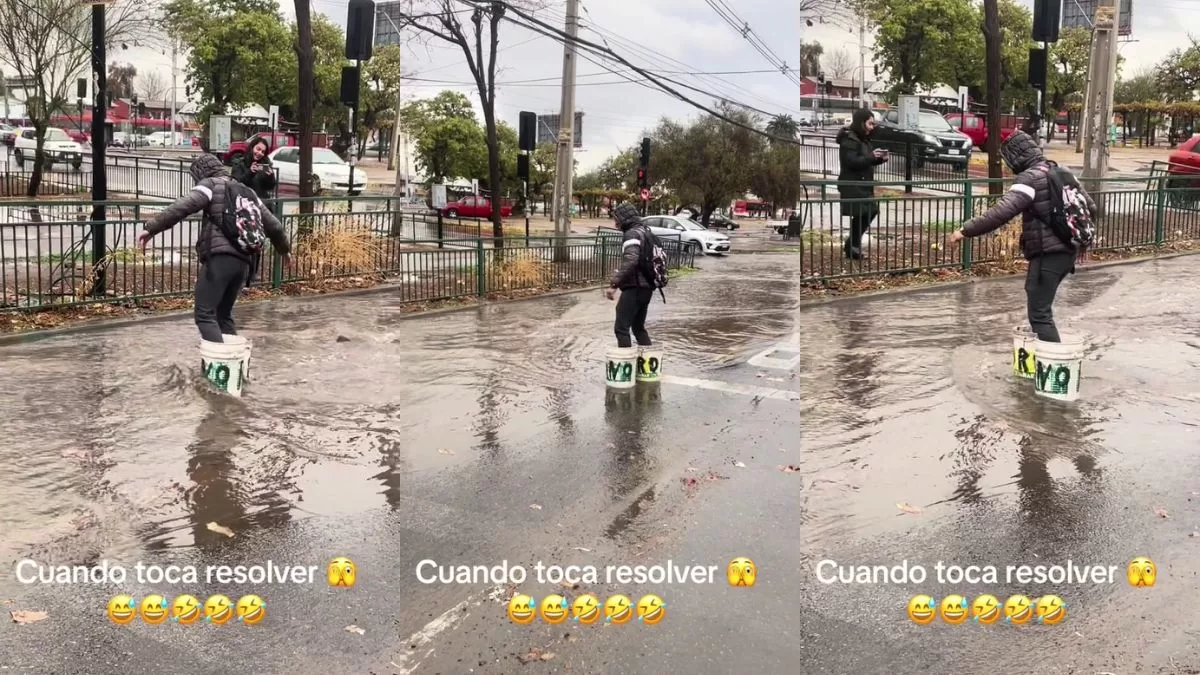 "El mejor país de Chile": La ingeniosa forma de un chileno para atravesar las pozas durante la lluvia en Santiago que es viral en TikTok