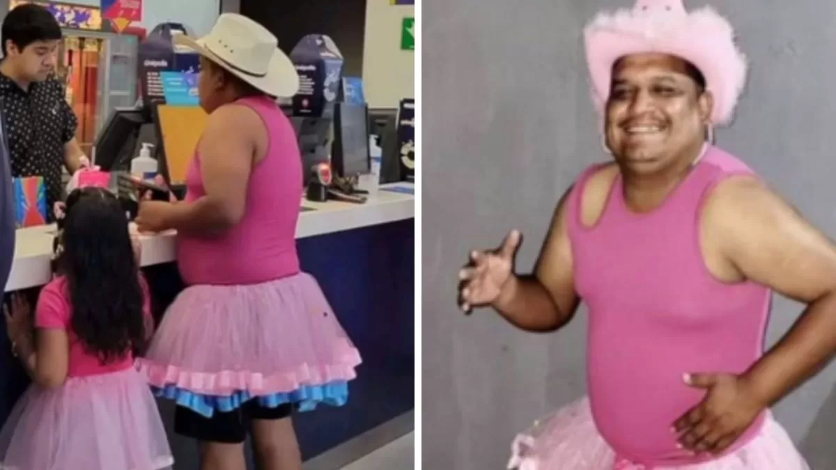 "Un tutú no te hace ni más ni menos hombre": Padre se vuelve viral tras ir con particular look al estreno de Barbie