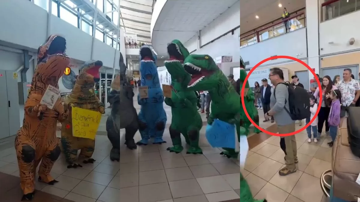 "Solo quiero ser uno de ellos": Familia chilena disfrazada de dinosaurios va a recibir a su papá al aeropuerto y su reacción se hizo viral en TikTok